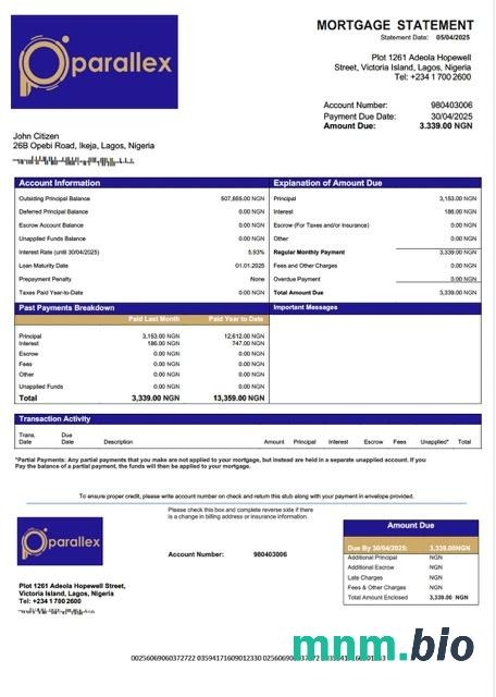 Nigeria Parallex Bank wyciąg z kredytu hipotecznego szablon Word i PDF